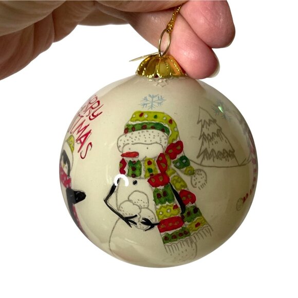 Pier 1 Li Bien 2019 Hand-Painted Glass Ornament with Penguins Snowball Play - Picture 2 of 8
